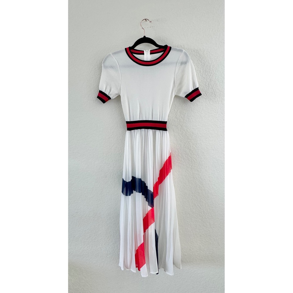 Unbranded Knit Pleated Maxi Dress White Red Navy Colorblock Short Sleeve Size M